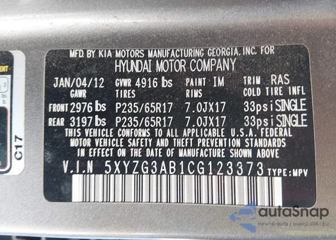 2012 Hyundai Santa Fe Gls z USA, uszkodzony, nr VIN 5XYZG3AB1CG123373